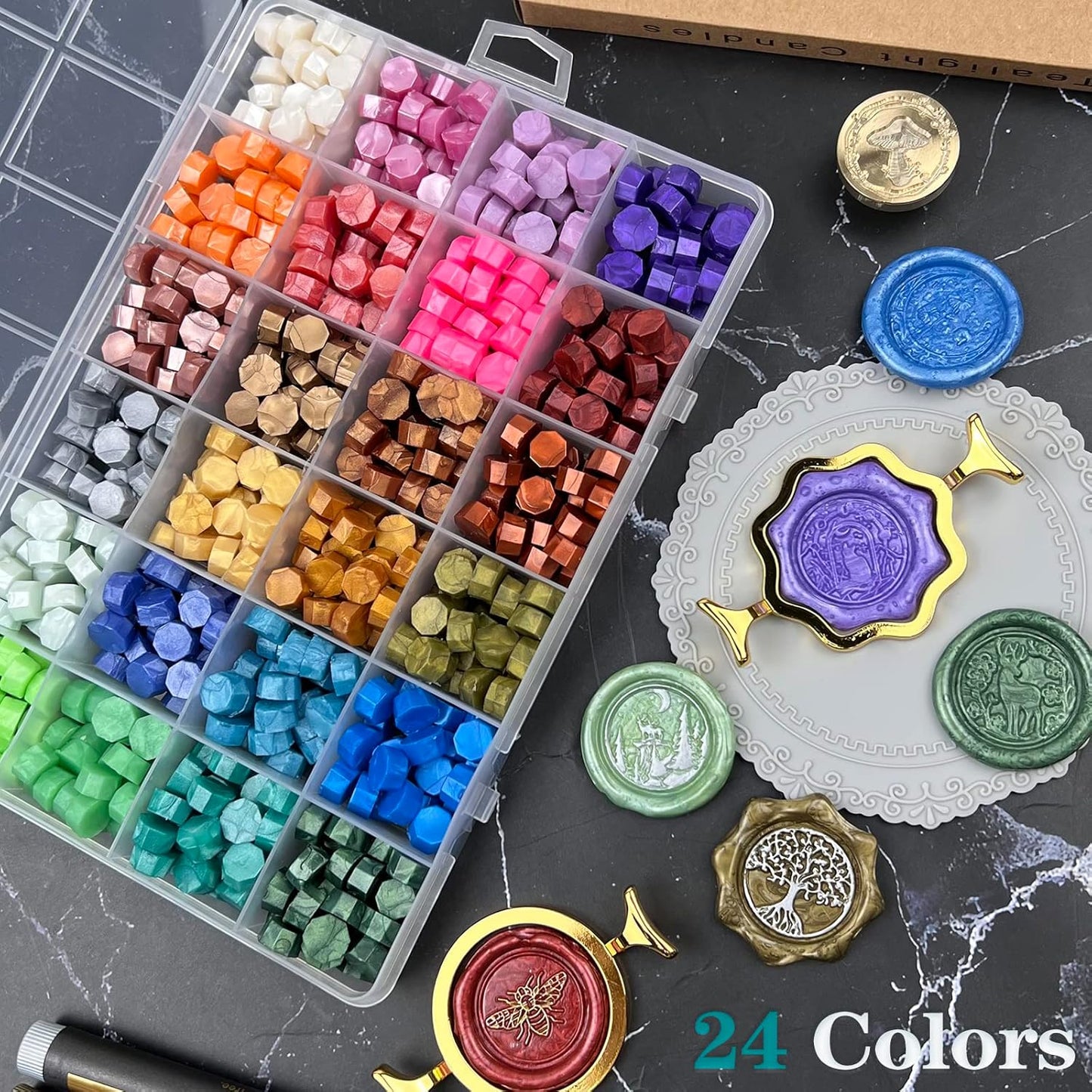 Wax Seal Stamp Kit with Gift Box, 672 Pcs Wax Seal Beads, 4 Pcs Wax Stamps, 2 Pcs Wax Seal Molds, Sealing Wax Warmer, Spoon, Mat, Metallic Pens, Candles, Wax Seal Kit for Craft Gift