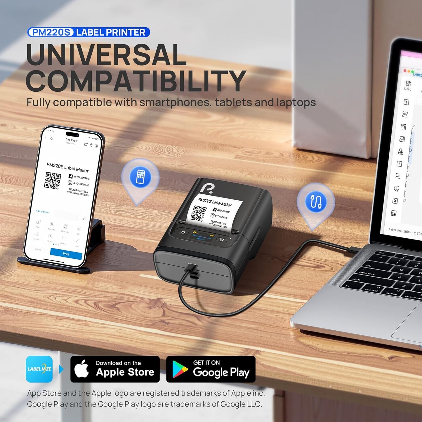 PM220S Label Maker Machine with Tape, 2 Inch Bluethooth Portable Thermal Label Printer for Small Business, Office, Home, Sticker Printer for Phone and PC, Black