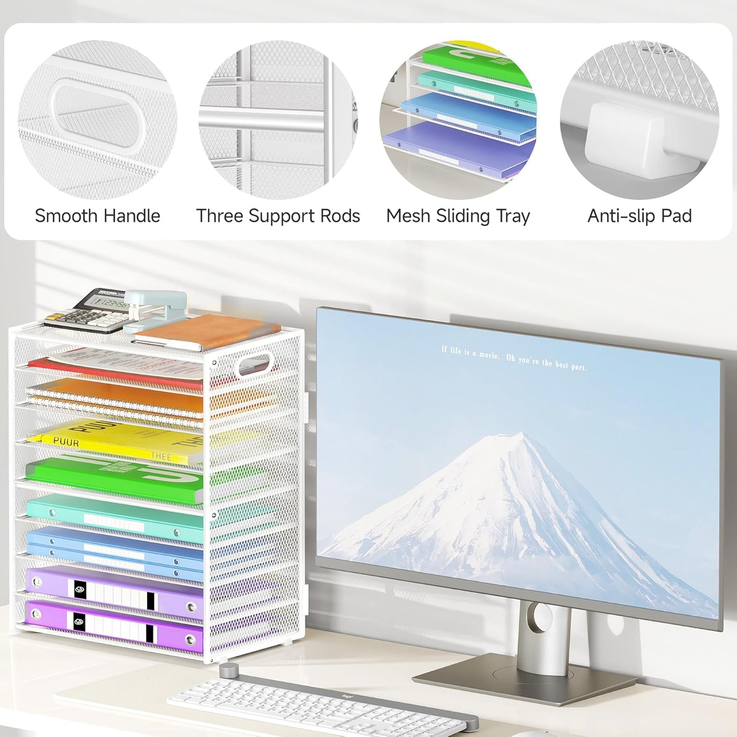 9 Tier Paper Organizer with Handle, Large Capacity Desk Organizer Mesh Paper Letter Tray File Folder Document Sorter for Classroom and Office Accessories Organization- White (2 Pack)