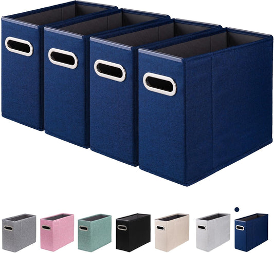 4 Packs Letter Size File Organizer, File Folders Organizer, Fabric Storage Box, Collapsible Paper Organizer with Metal Handle, Smooth PVC Rails, Only Box (Blue)