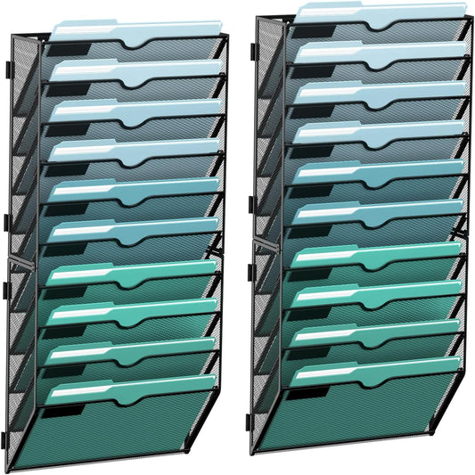 SUPEASY 10-Tier Wall File Organizer, Hanging Wall Files for Papers, Folders, Magazines, Wall Organizer for Clipboard, Assembly Needed, Black, 2 Pack