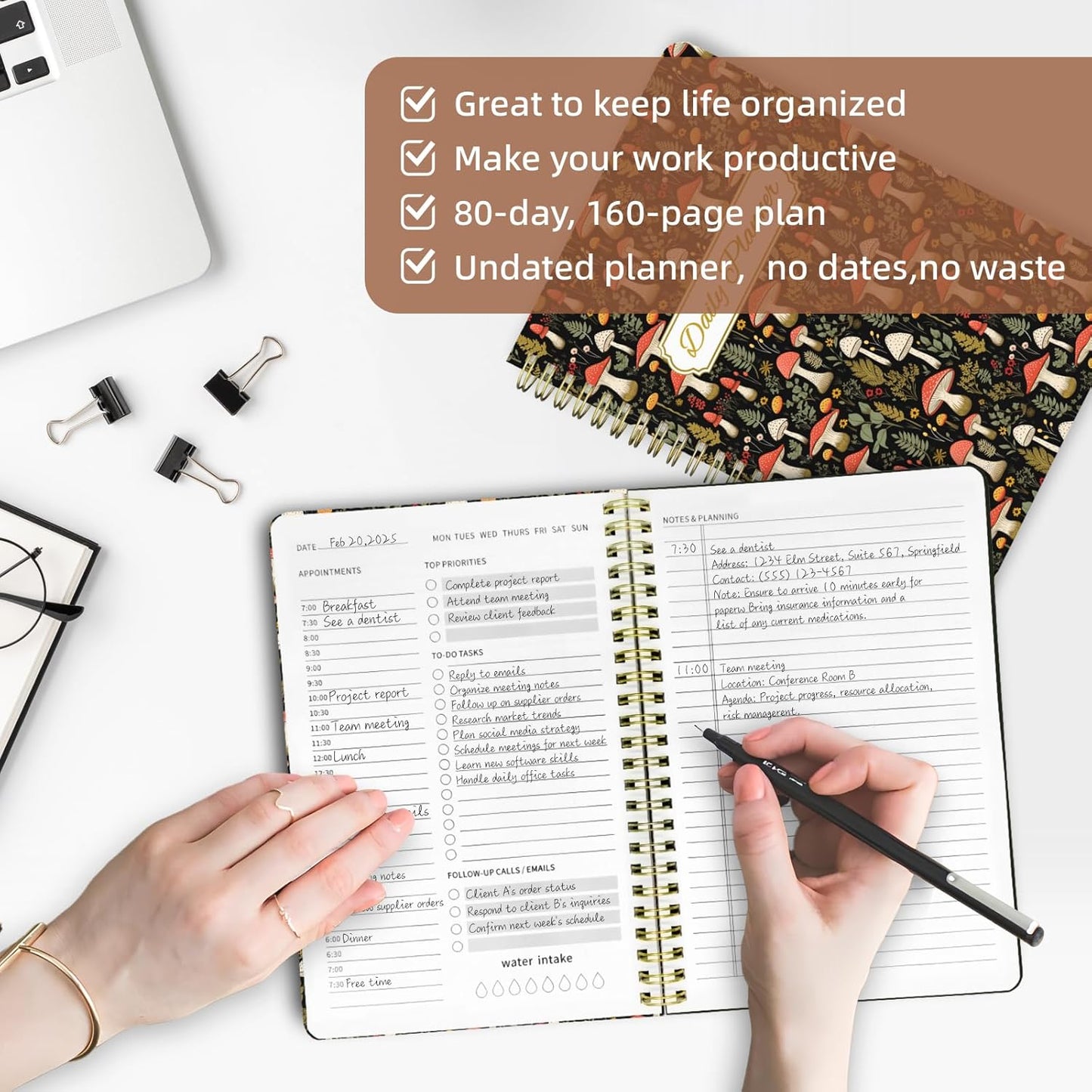 Undated Daily Planner - Spiral Notebook 80 Days One Day Per Page, Hourly Schedule, To-Do List, Notes, Everyday Planning Task, A5 Hardcover Journal Organizer Book Women Cute Aesthetic, Mushroom