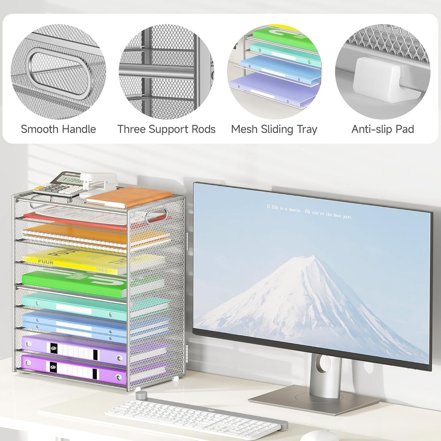 9 Tier Paper Organizer with Handle, Large Capacity Desk Organizer Mesh Paper Letter Tray File Folder Document Sorter for Classroom and Office Accessories Organization- Silver (2 Pack)