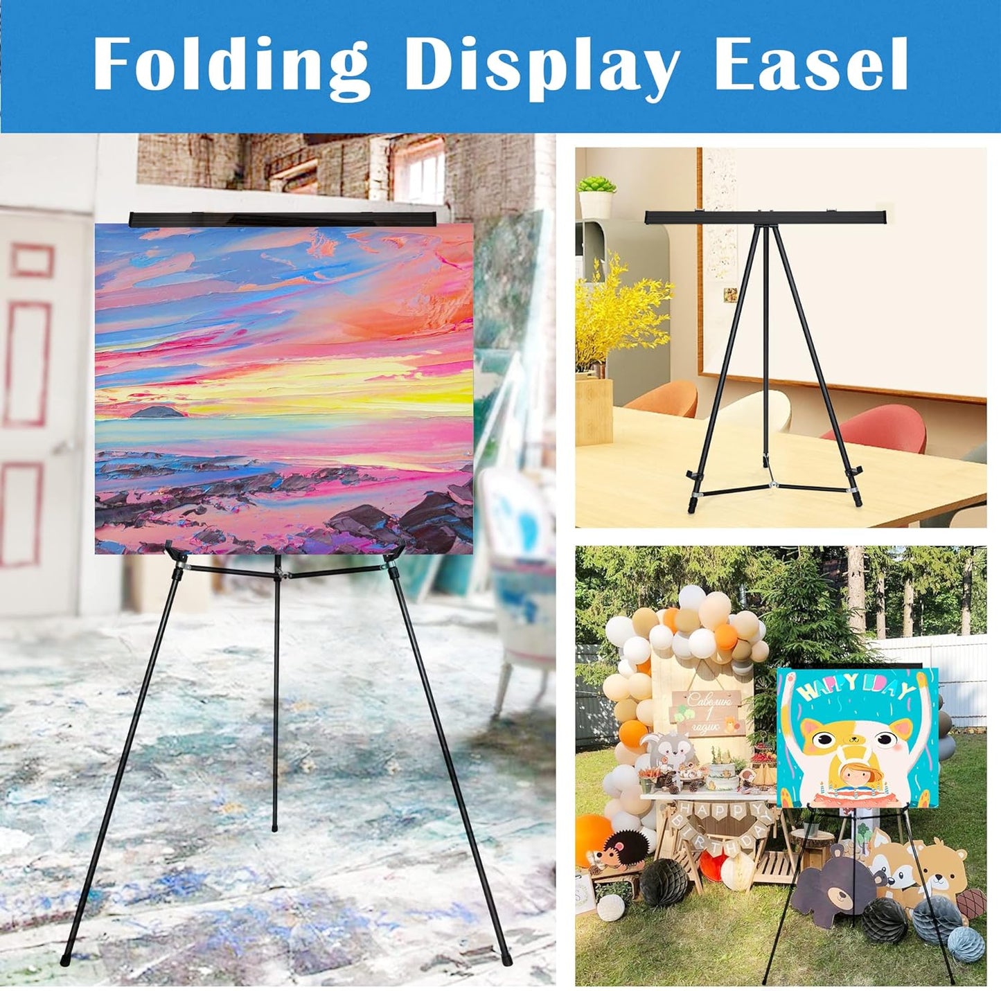 Falling in Art Aluminum Flip Chart Display Easel Stand with Adjustable Floor for Boardroom, Whiteboard, Paper Pads, Signage, 63 1/2'' High, Black