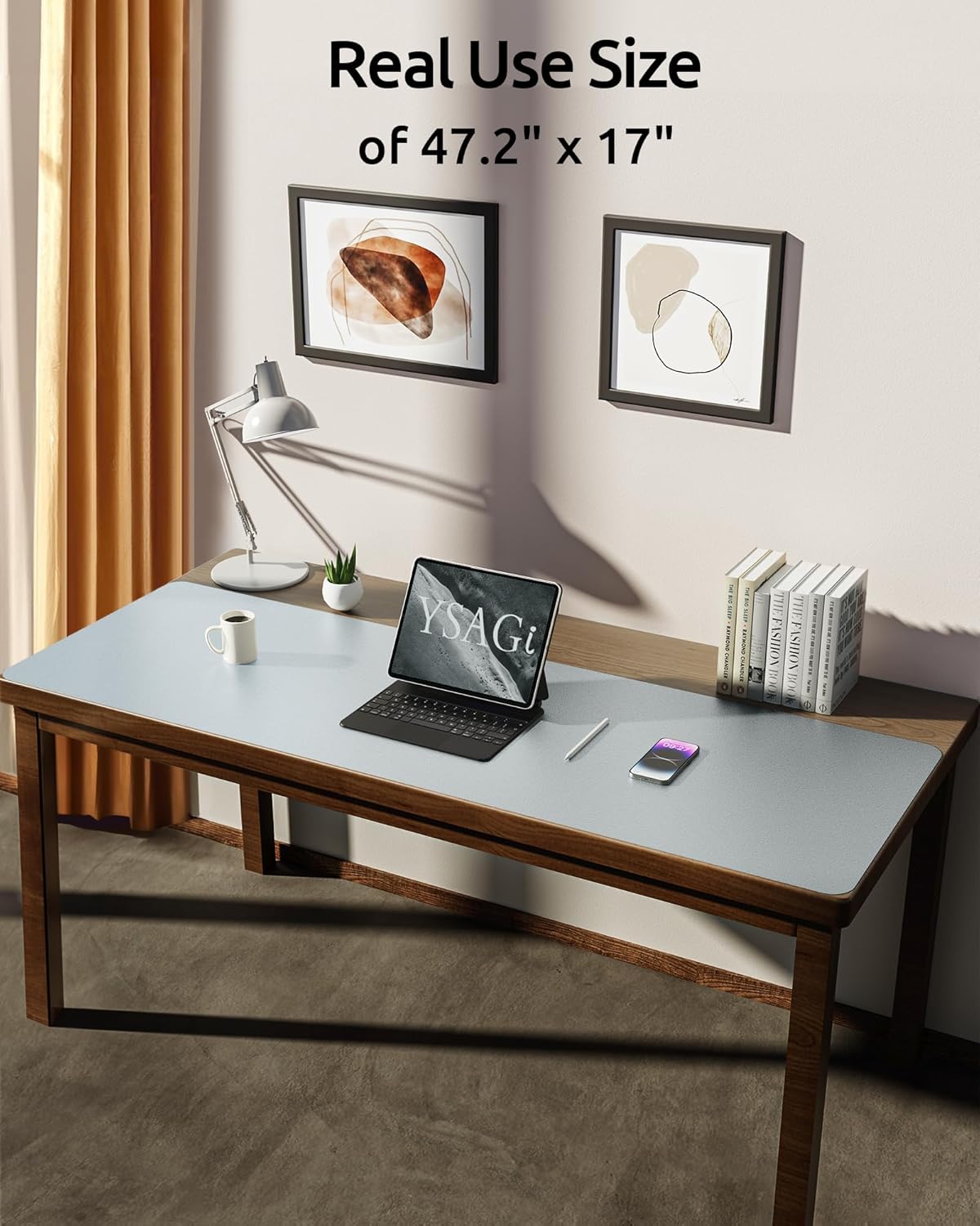 YSAGi Leather Desk Pad Protector, Office Desk Mat, Large Mouse Pad, Non-Slip PU Leather Desk Blotter, Laptop Desk Pad, Waterproof Desk Writing Pad for Office and Home (Silver, 47" x 17")