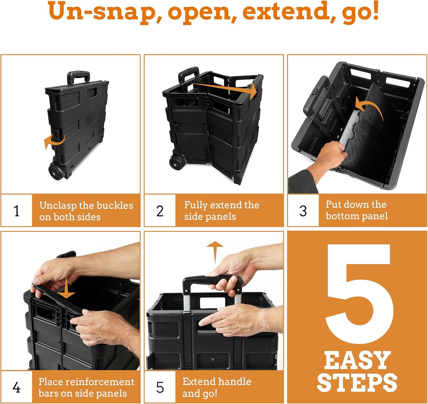 Inspired Living Ultra-Slim Rolling Collapsible Storage Pack-N-Roll Utility-carts, with Telescopic Handle, for Home, Garden, Shopping, Office, School use, Medium, Black