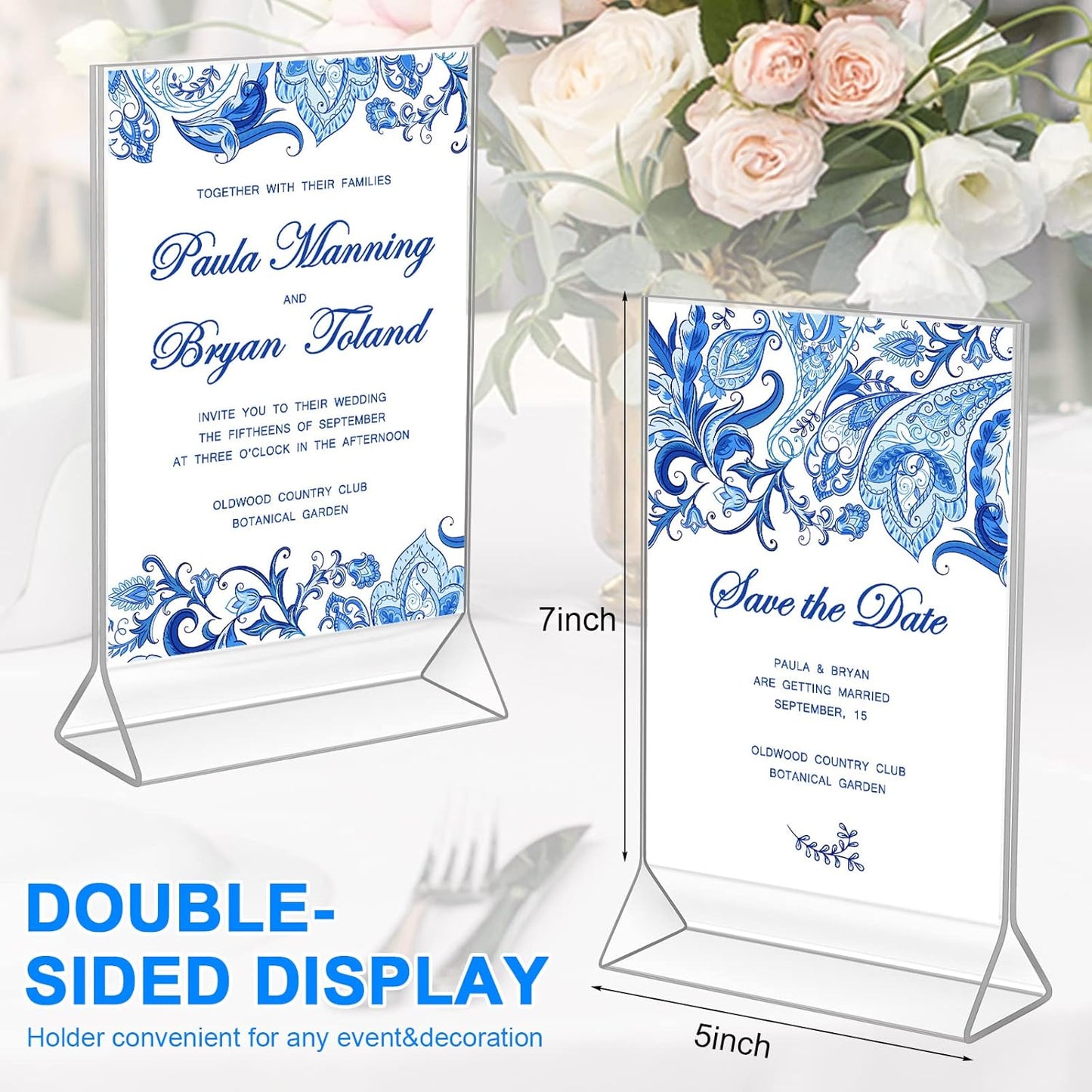 Yulejo 24 Pack Acrylic Sign Holder, Plastic Clear Table Display Holder Double Sided Menu Display Stands T Shaped Card Picture Frames for Office, Weddings, Meetings, Hotels (5 x 7 Inches)