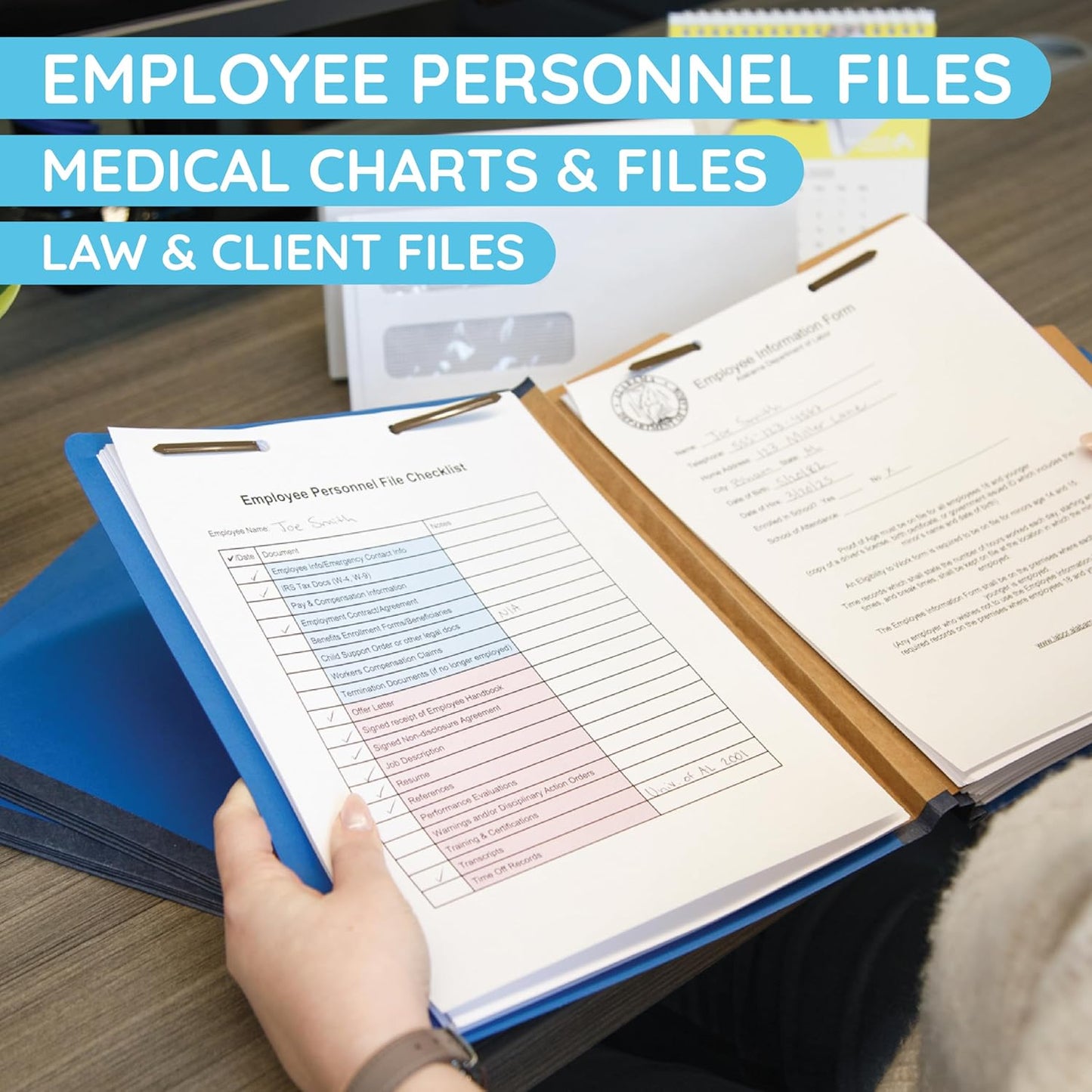 10 Blue Classification Folders with Dividers - Employee Personnel File Folders – 2'' Tyvek with Two Prong File Folders for Medical, Law Files - Pressboard Classification Folders 2 Dividers Letter Size