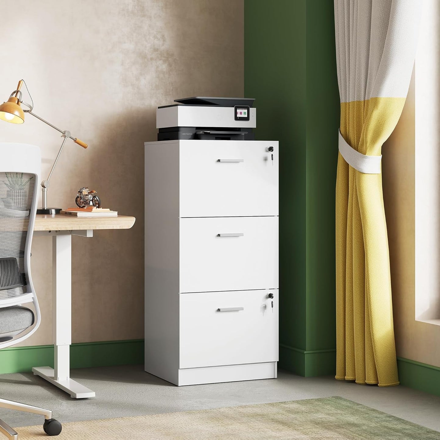 DEVAISE 3 Drawer File Cabinet with Lock, Vertical Wood Filing Cabinet for Home Office, Printer Stand for Letter and A4 Size, White