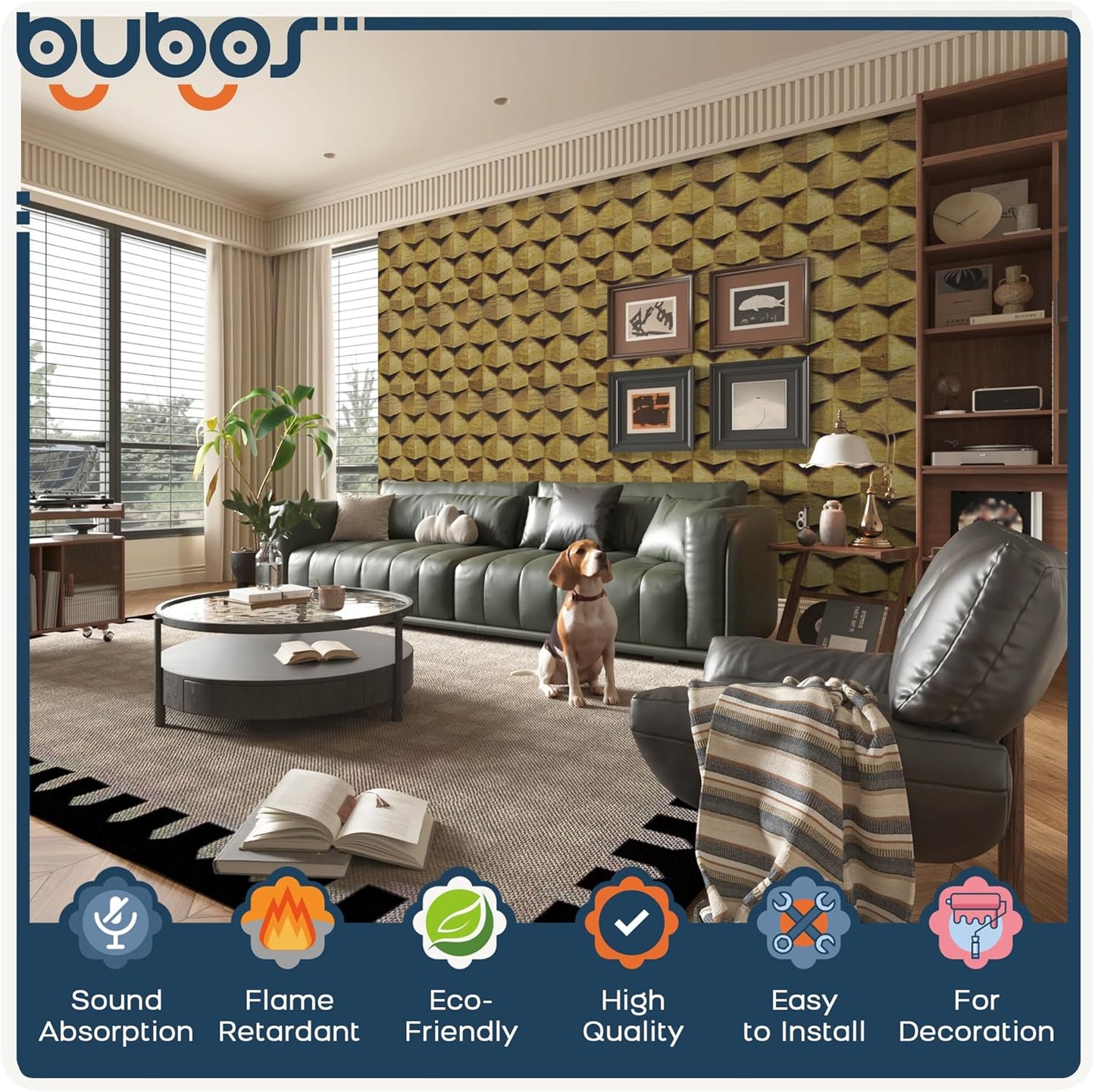 BUBOS Large Acoustic Panels,6 Pack Wood-Pattern Printing Soundproof Wall Panels, Total Size 70.8 x 47.2 Inches Self-Adhesive Decorative Sound Absorbing Panels for Studio, Home,3D Geometric Weave