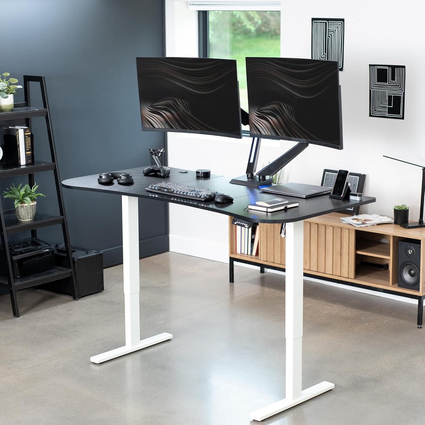 VIVO Electric 63 x 32 in Standing Desk, Memory Height Adjustment, 1B Series, Black Carbon Fiber Top White Frame, DESK-KIT-1W1R