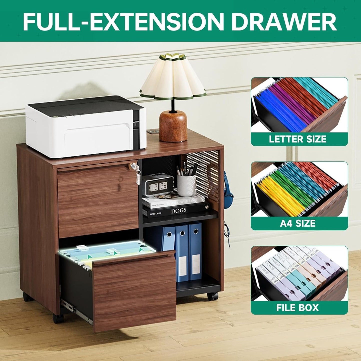 Letaya Mobile 2 Drawer File Cabinet with Lock, Metal Lateral Printer Stand Filing Storage Cabinets with Shelves for Home Office-A4/F4/Letter (Charging Socket)