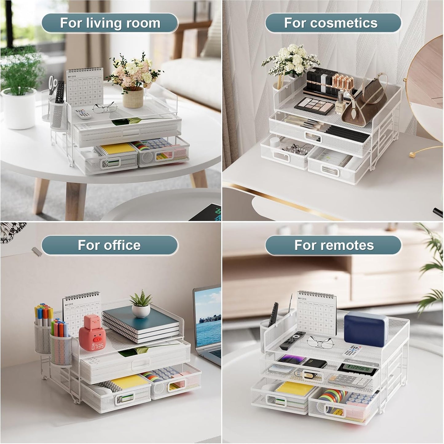 Marbrasse 3 Tier Mesh Desk Organizer with Drawer, Multi-Functional Desk Organizers and Accessories, Paper Letter Organizer with 2 Pen Holder for Home Office Supplies - White