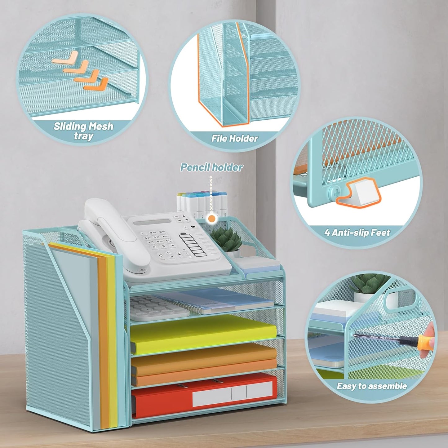 DocNest 5 Tier Paper Letter Tray File Organizer, Mesh Desk File with Handle, Workspace Desk Organizers with Pen Holder, Office Organization Storage Accessories - Blue