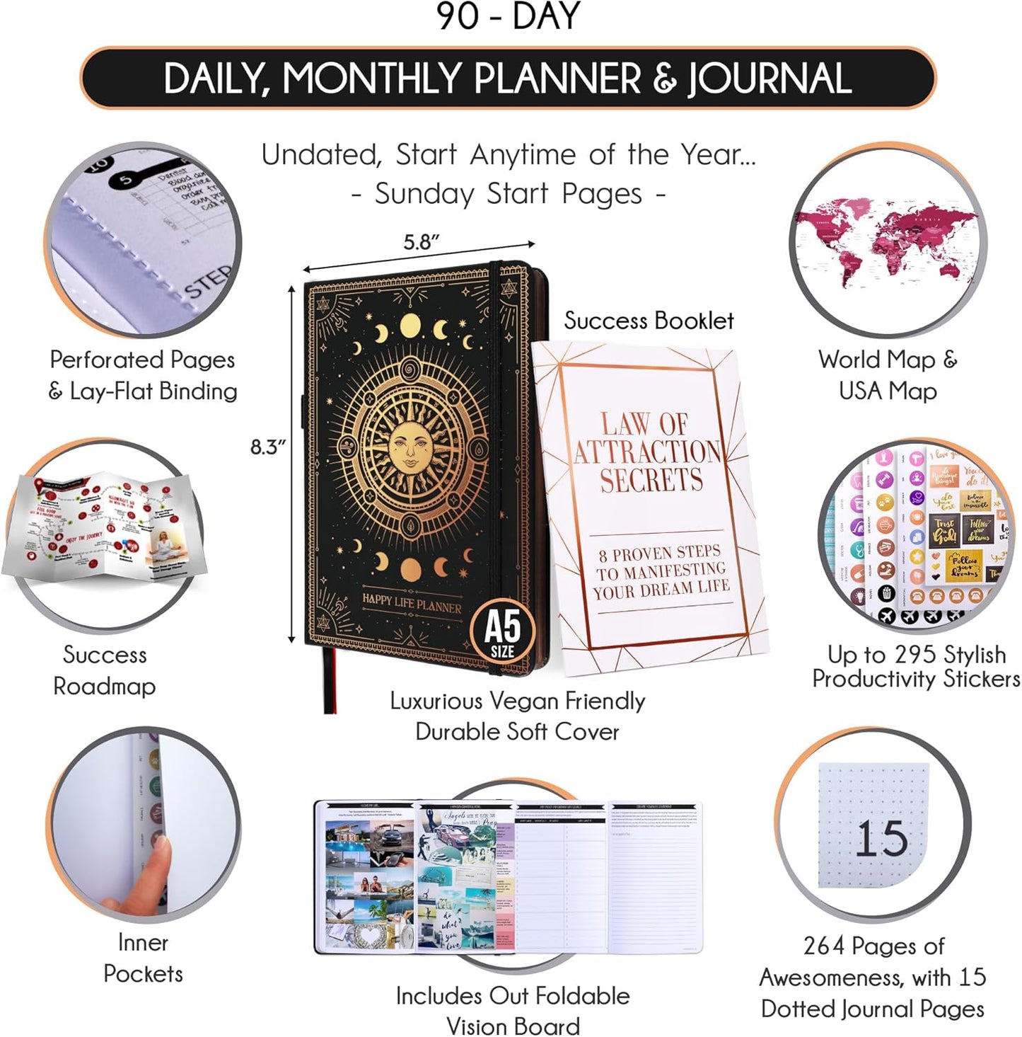 Gratitude Journal for Women & Men - 5 Minute Self Care Journal | 90-Day Undated Daily Planner for Positivity, Affirmations & Manifestation | Guided Mindfulness, Reflection | Vision Board + Stickers