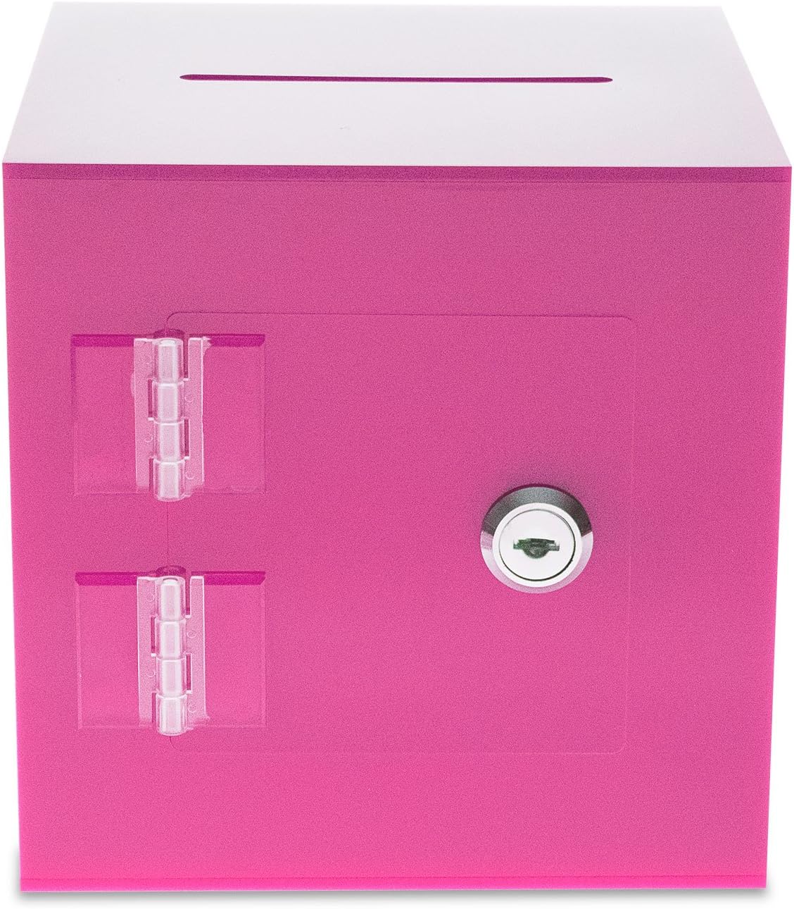 Source One Premium Acrylic Cube Donation Box with Deluxe Rear Open Door and Cam Lock Suggestion Box (10 Inch, Pink)
