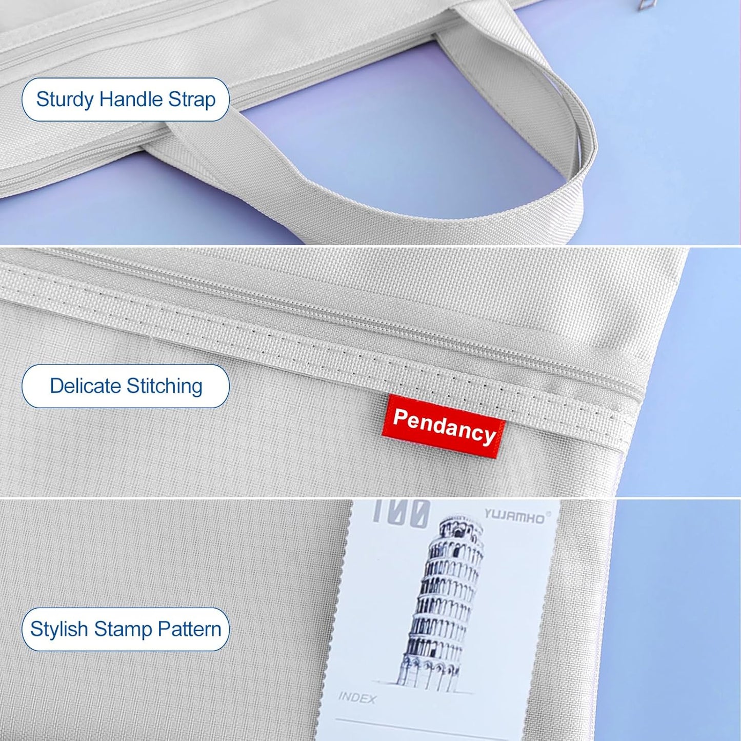 Pendancy Mesh Zipper Pouch 11x13.7 in, 2 pcs Large Double Pocket Waterproof File Bag with Handle, A4 Size Foldable Document Storage for Puzzle Project/Cross Stitch/Travel/Office（Gray Blue）