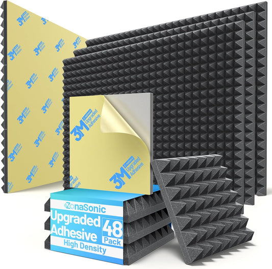48 Pack Pyramid Sound Proof Foam Panels for Walls with Updated Self-Adhesive 2"X12"X12" High Density Acoustic Panels Sound Absorbing Fast-Expanding Soundproof Wall Panels for Gaming Studio Decor-Black