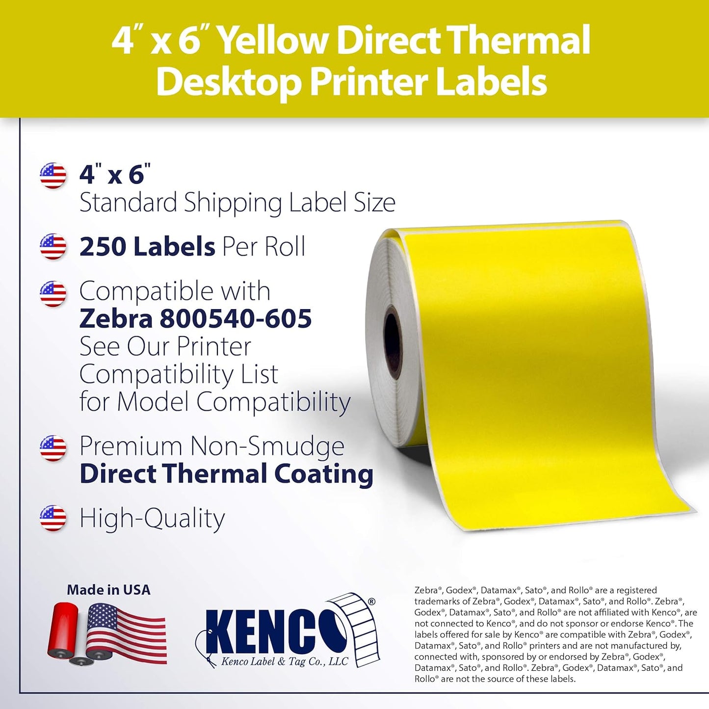 4" X 6" Direct Thermal Perforated Stickers Labels for Shipping Labels, Inventory, and Color Coding - Compatible with Zebra, Rollo, Godex and More (Yellow, 48 Rolls)