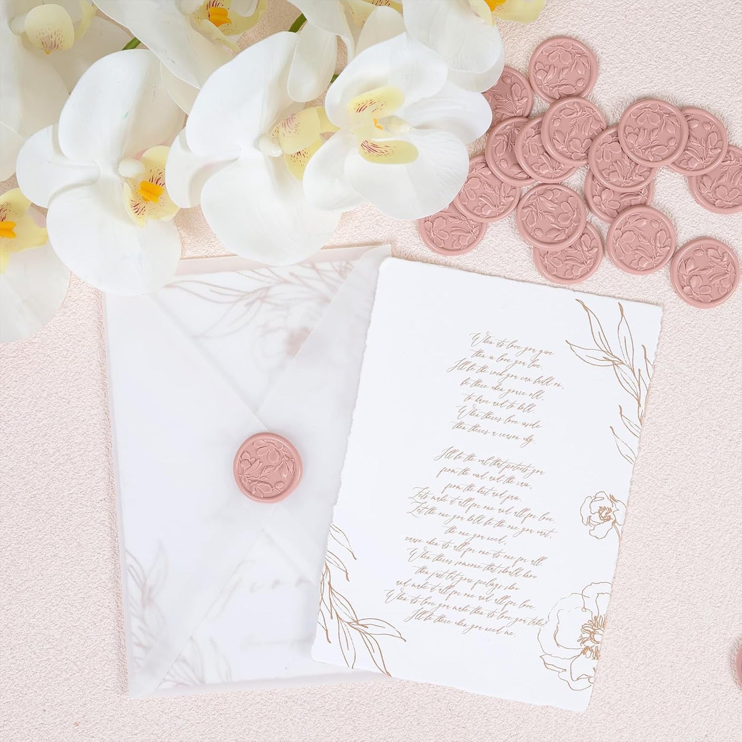 UNIQOOO Wax Seal Stickers - 3D Magnolia Wedding Invitation Envelope Botanical Seal Stickers, 50 Pcs Self- Adhesive Dusty Rose Stickers, Perfect for Invitation, Christmas, Gift Wrapping, Party