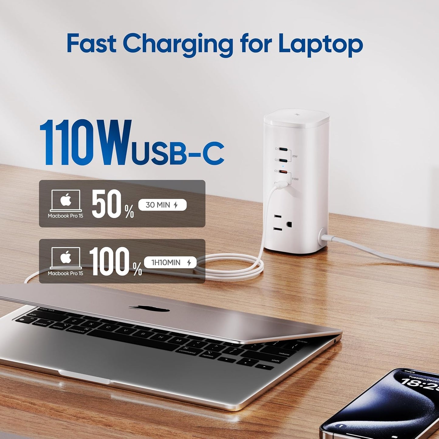 Tower Power Strip Surge Protector with 3 AC Outlets & 8 USB Ports (4 USB-C), TenTrend 160W Fast Charging Station, 5 FT Flat Plug Extension Cord with Multiple Outlets for Home Office Dorm Room