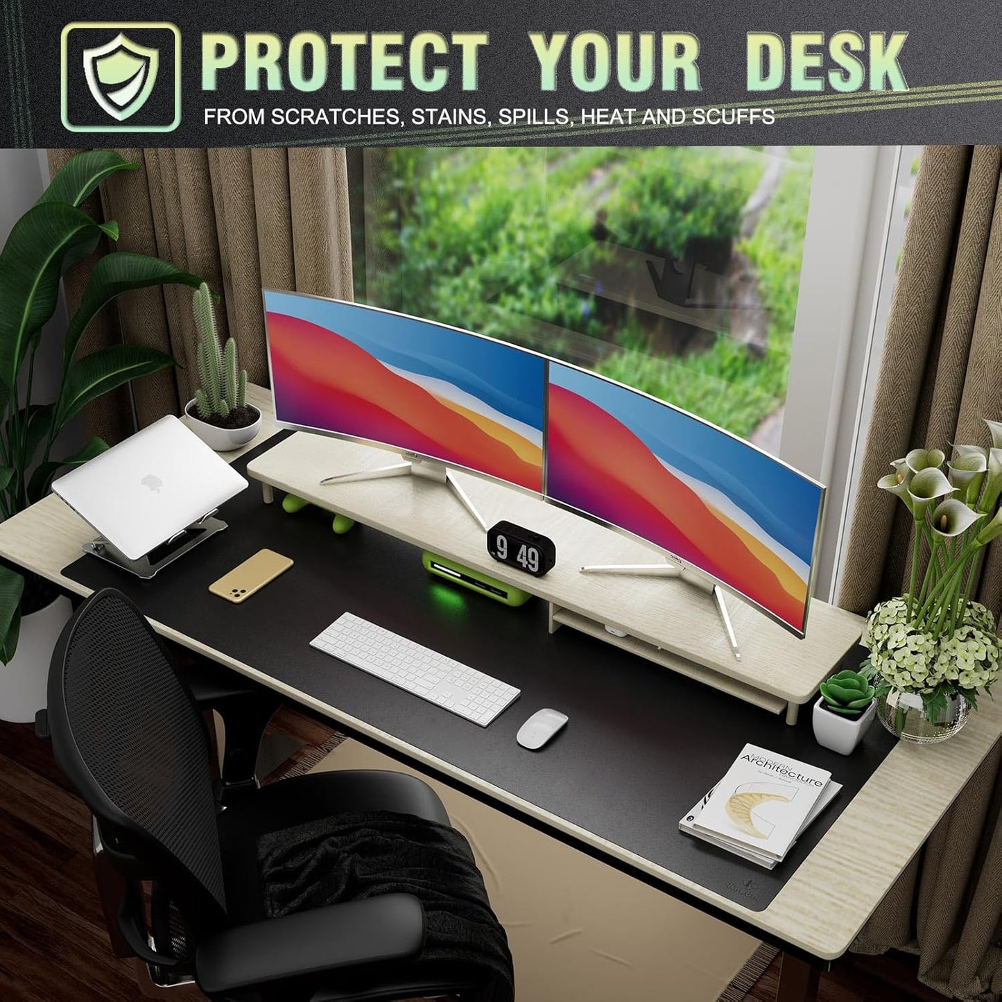 K KNODEL Large Office Leather Desk Mat, Mouse and Keyboard Pad, Computer and Laptop Mat, Desktop Protector and Cover, Writing Pad and Blotter (47.2"x23.6", Black)