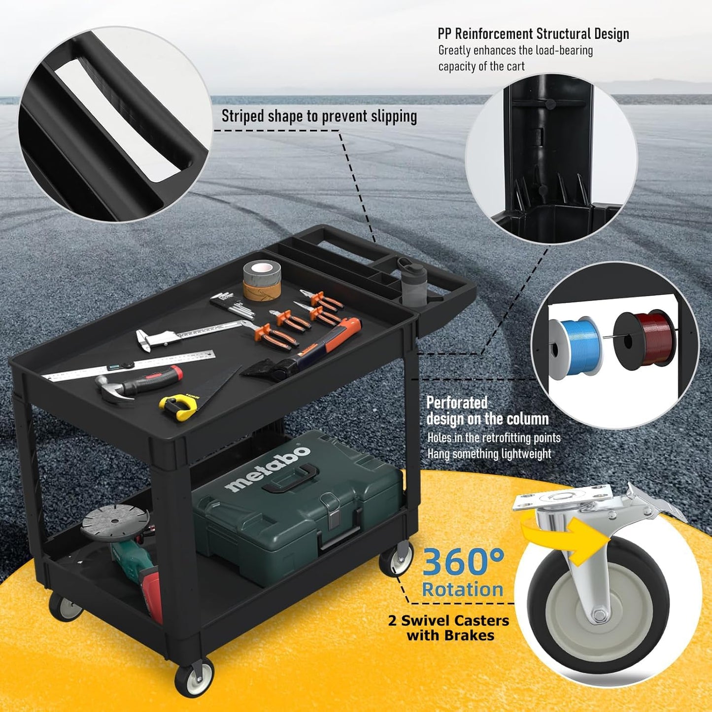 Utility Plastic Tool Cart, 46 x 26-Inch Rolling Service Carts Huge Storage W/Deep 2-Shelf Heavy Duty Cart with Wheels, 1000 lbs Capacity Organizer for Garage, Warehouse, Workshop, Black