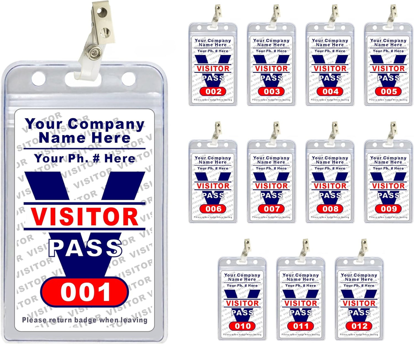 Visitor Pass Badges - PVC Plastic (Custom Printed with Your Company INFO) Available in 12, 36, 60 and 108 Piece Sets. Made in The U.S.A.