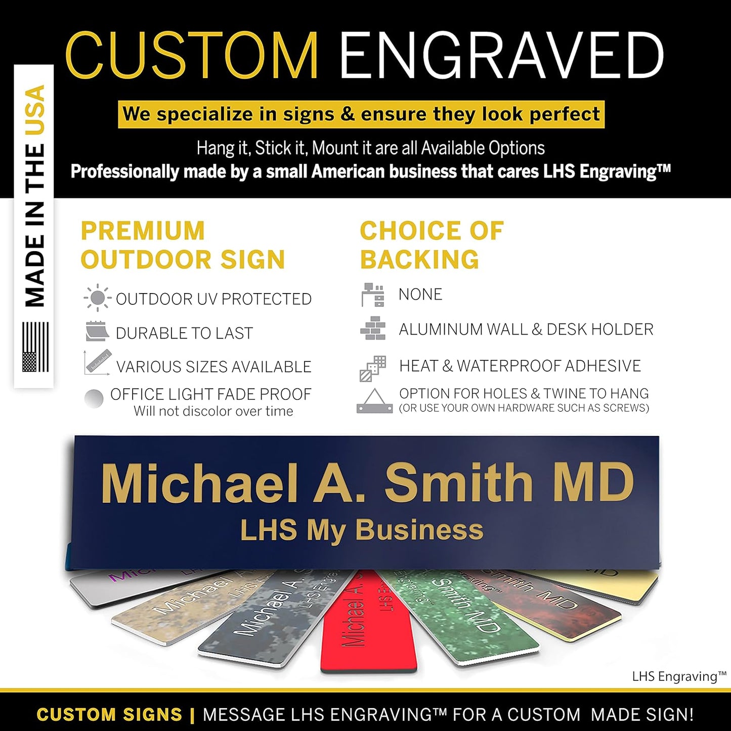 Engraved Custom Door Plate Navy Blue Plastic Office Door Sign with Gold Letters - Made in USA 2x10 B10