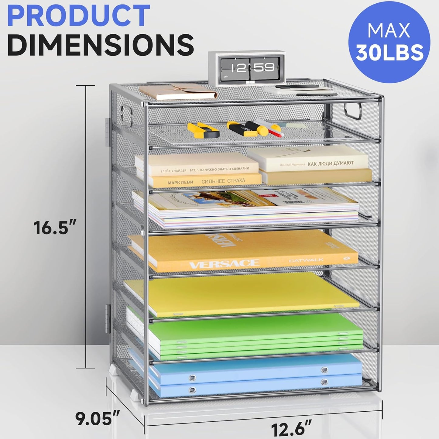 Paper Organizer with Handle 8 Tier Metal Mesh Desk File Organizer Large Capacity Desk Organizers Paper Letter Tray Desktop Document Sorter for Office, Home or School 2 Pack Silver