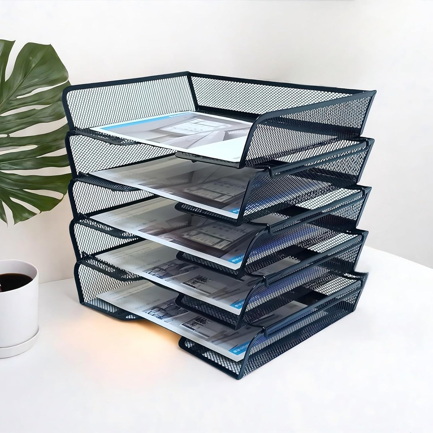 5 Tier Metal Mesh Desk Organizer-Stackable Letter Trays for Office Supplies,Black File Storage System with Reinforced Edges