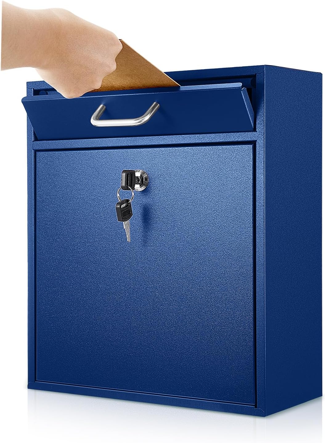 Locking Mailbox with Key for Outdoor 12 x 10.5 x 4.7 Inches Large Wall Mount Mail Box with Lock Security Mail Drop Metal Collection Boxes Hanging Secure Postbox(Dark Blue)