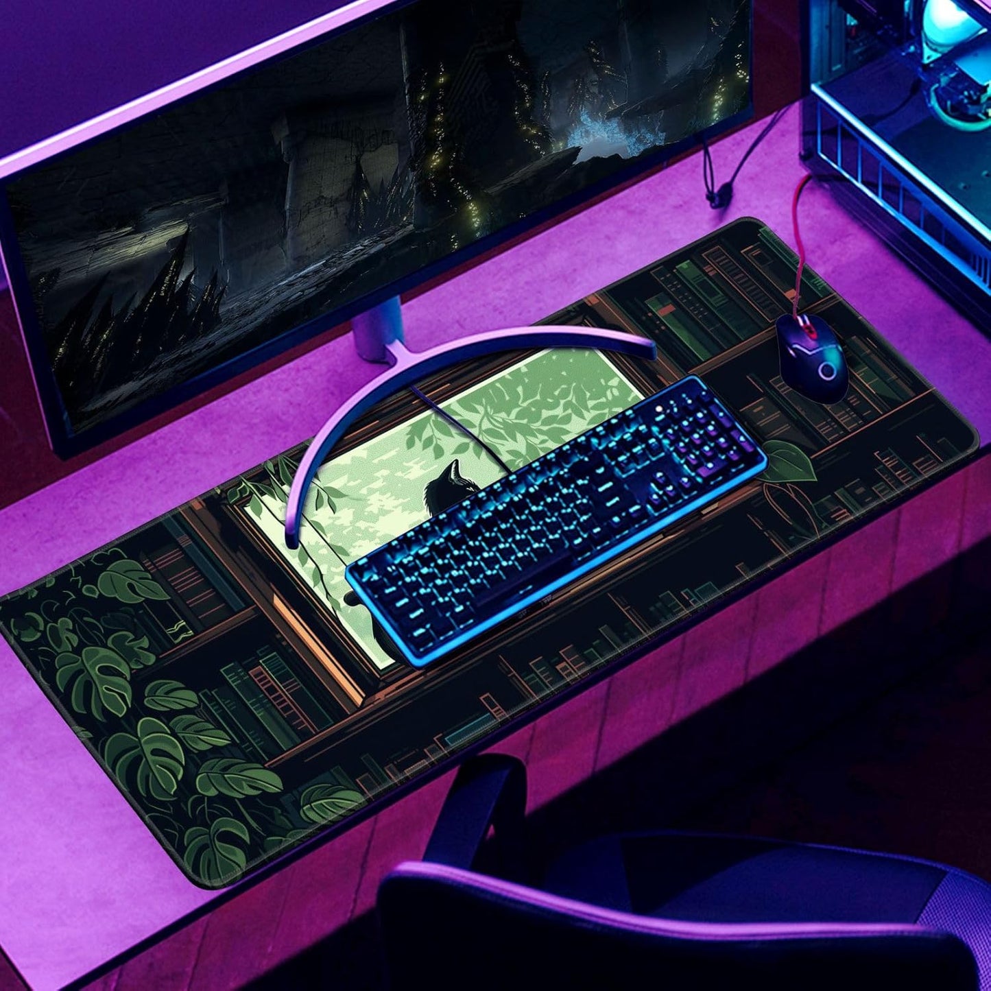 XL Mouse Pad Gaming Kawaii Cute Pixel Cat Outdoor Extra Large Mousepad (31.5x11.8 in), Green Desk Mat Anime Pad Home Office Decor Mouse Pad Stitched Edges Smooth Surface Non-Slip Bottom Mat