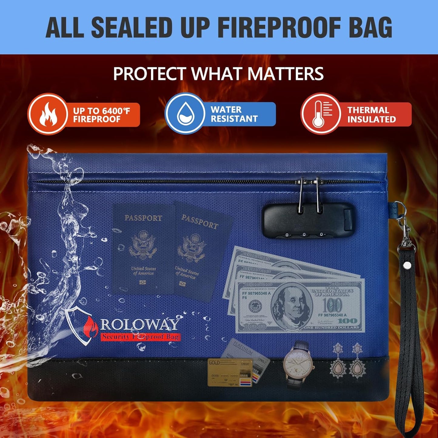 ROLOWAY Fireproof Money Bag with Lock for Cash, 6400°F Fire Proof Document Bag (12.2 x 8.5 x 1.6 inches), Money Pouch with Zipper (Blue)