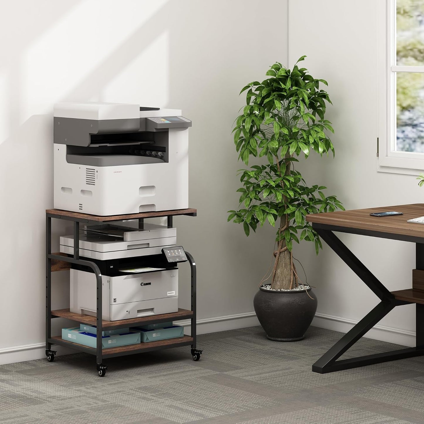 Large Printer Stand with Adjustable Storage Shelf, 3 Tier Printer Cart with Wheels for Home Office Organization, Rolling Table Stand for Heat Press Mini Fridge, Industrial Style