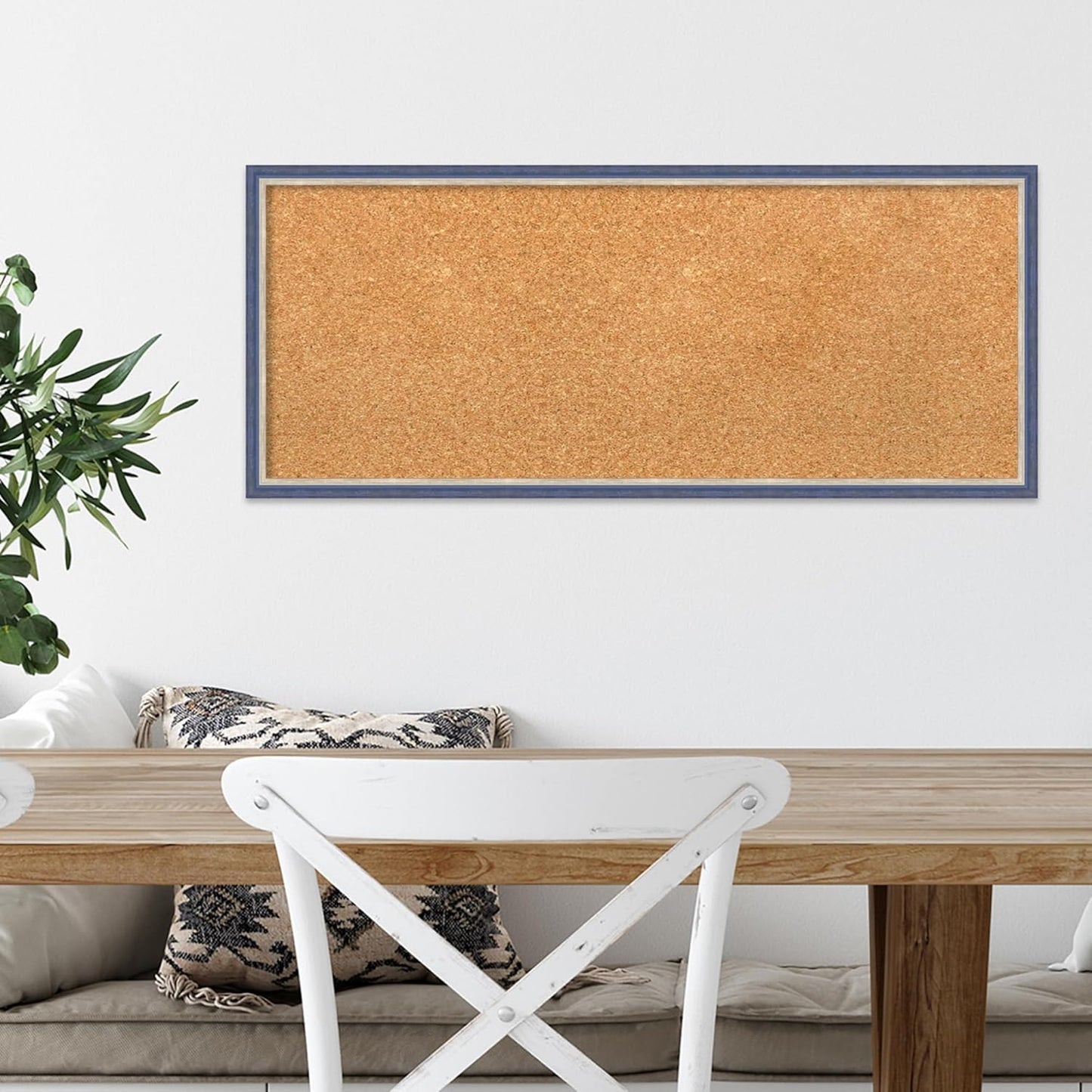 Amanti Art Natural Cork Board for Wall, 13x31 Vision Board with Blue Wood Frame, Medium Corkboard Office Decor for Home Organization, Modern Contemporary Corkboard Pinboard to display items for home