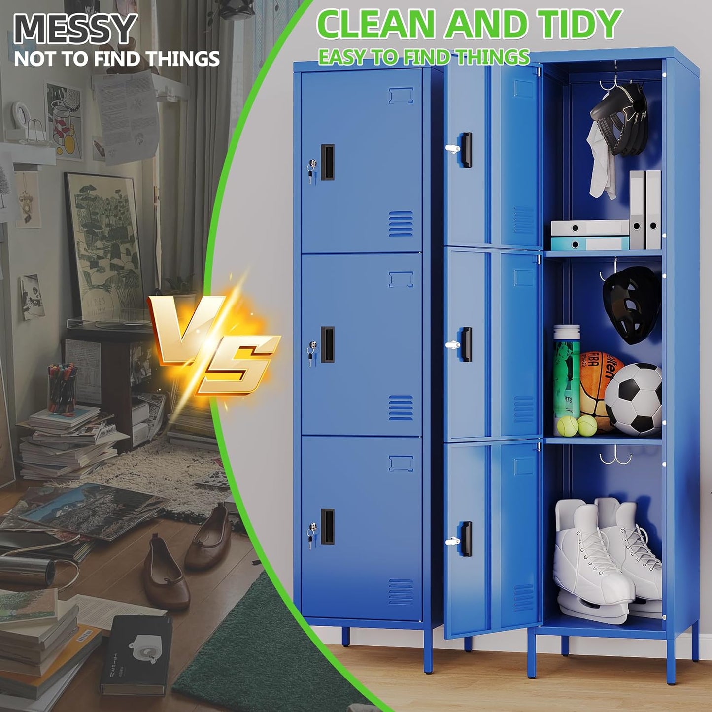 Aobabo 16" W 3 Door Metal Storage Locker with Lock, 66" H Steel Locker with Name Card Holder and Metal Leg for School, Home, Office, Playroom, Assembly Required, Blue