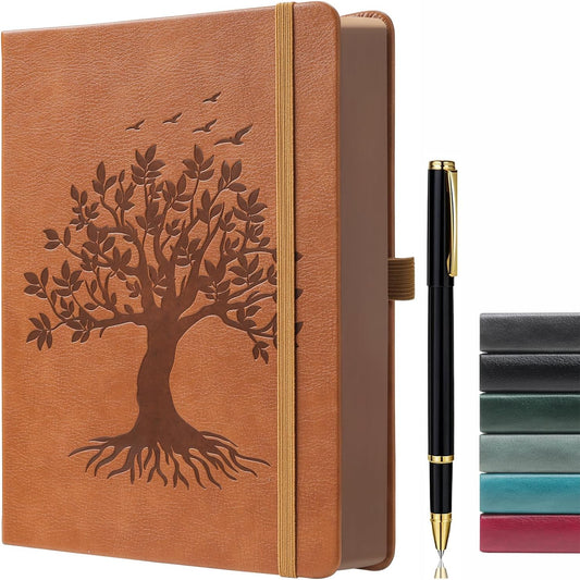 ZXHQ B5 360 Pages Lined Journaling Notebooks with Pen, Journals for Women Men Writing Notebook, Tree of Life Design, Brown Edge, Fine Inner Pocket - Light Brown
