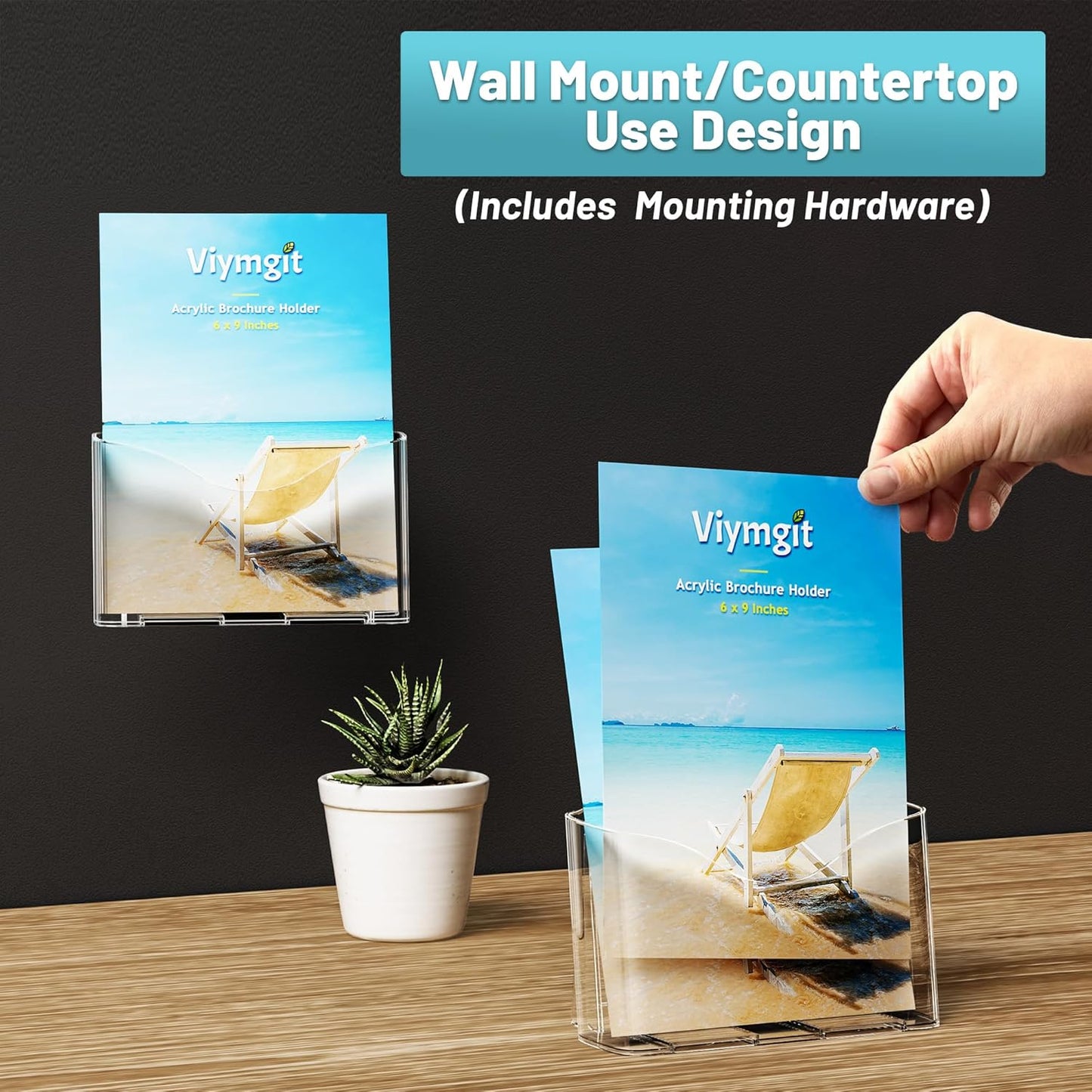 Acrylic Brochure Holder 8.5 x 5.5 Inches, 6-Pack Clear Plastic Display Stand for Half-Fold Flyers, Pamphlets, Menus, Trifold Literature, Wall Mount or Countertop Use