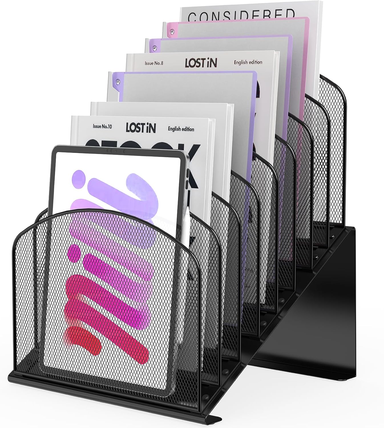 Inclined Desk File Organizer Metal Desk Magazine Folder Holder with 8-Section Vertical Compartments Rack File Organizer for Office, Home, School, Black