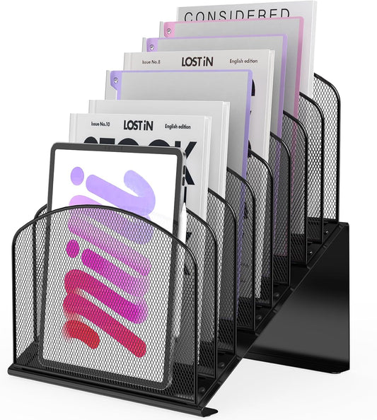 Inclined Desk File Organizer Metal Desk Magazine Folder Holder with 8-Section Vertical Compartments Rack File Organizer for Office, Home, School, Black