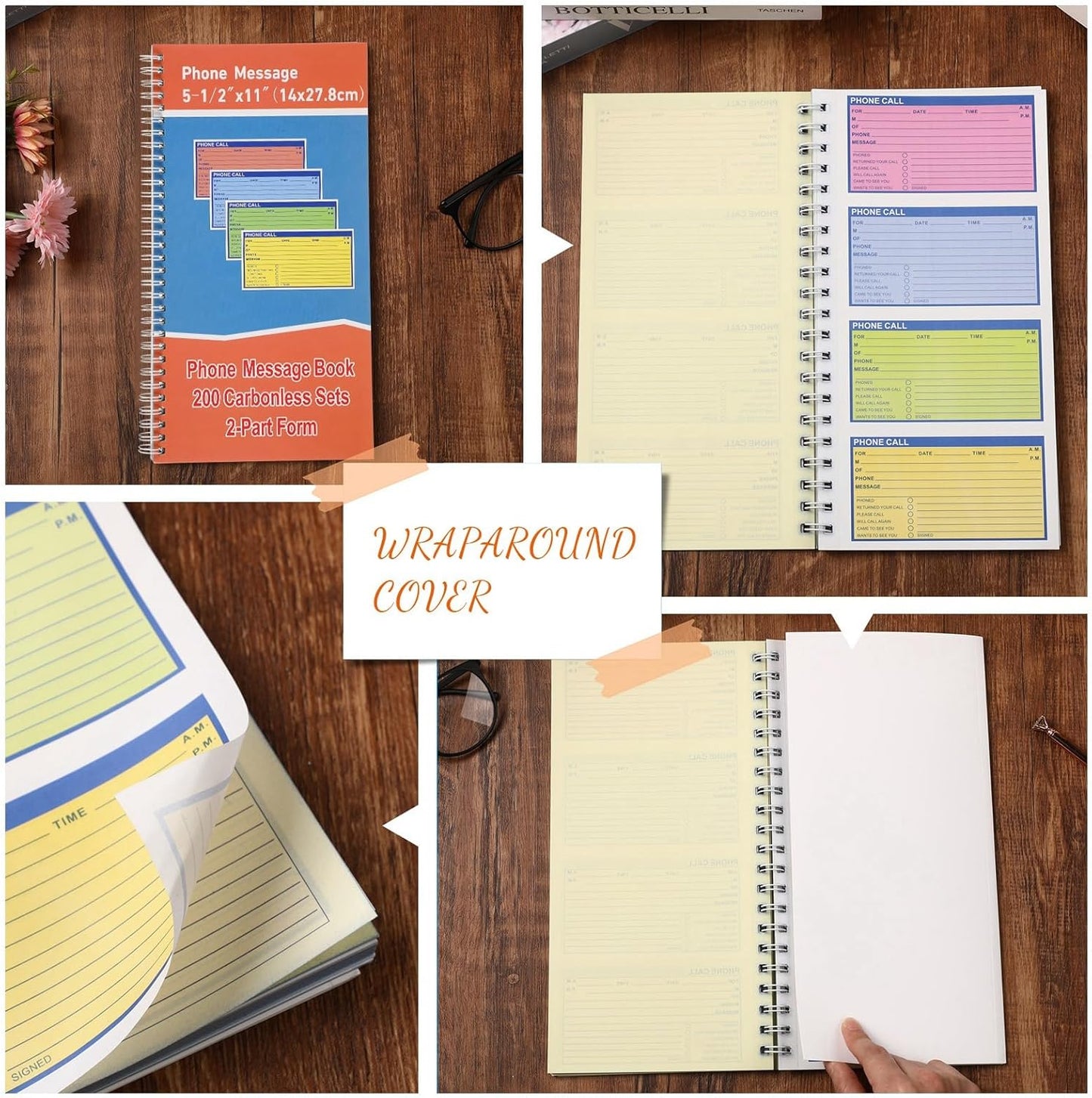 10 Pcs Spiral Bound Phone Message Book 5-1/2" x 11" 2 Part Colorful Carbonless Phone Message Pads 4 Messages Per Page Carbon Copy Notebook Spiral Phone Call Log Book for Business Office