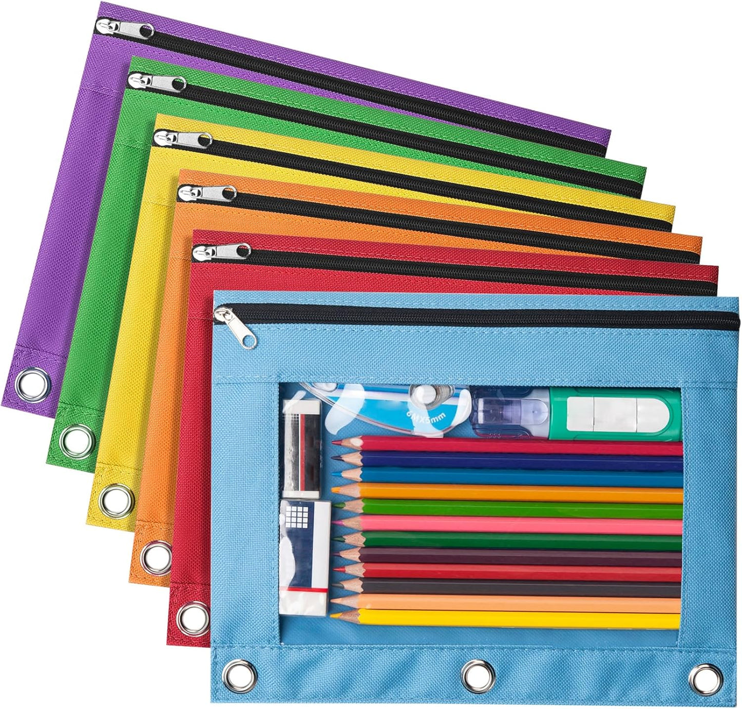 Forvencer 6Pack Pencil Pouches for 3 Ring Binder, Smooth Zipper 3 Ring Binder Pencil Pouch, Multi-Color Pencil Case for Binder, Clear Top Binder Pencil Pouch, Pencil Bag with 3 Re-enforced Grommets