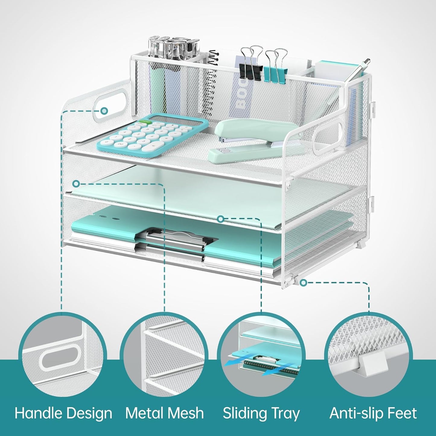 SUPEASY 3 Tier Desk Organizer with Handle & 3 Pen Holders, Mesh Paper/File Organizer for Desk, Paper Letter Tray Organizer for Office Supplies (White), 1 Pack, 3CST-3PH