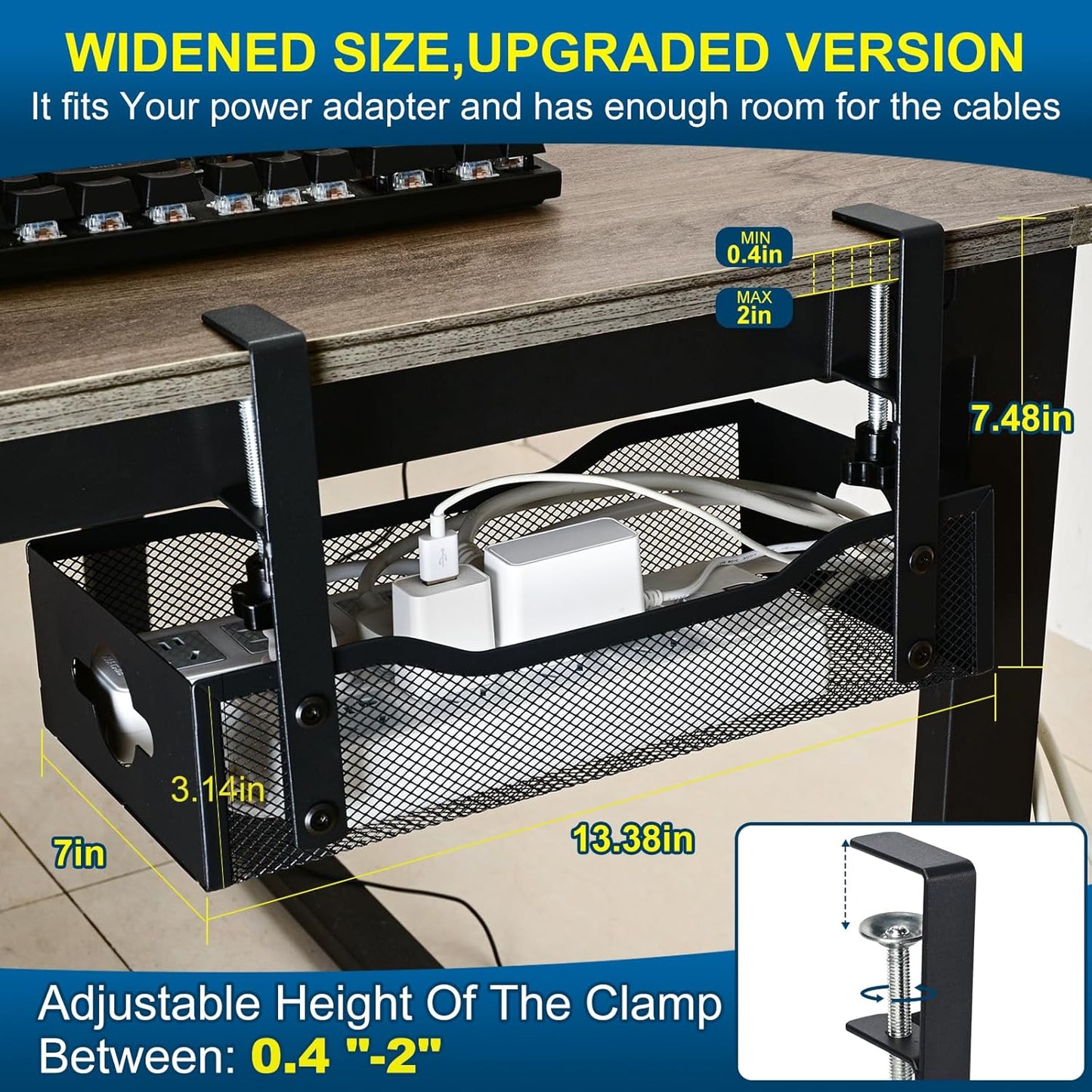 Large Under Desk Cable Management Tray - Heavy Duty Metal Cord Organizer with No Drill Installation for Office & Home Office Desks to Hide Wires & Power Strips (Black, XL)