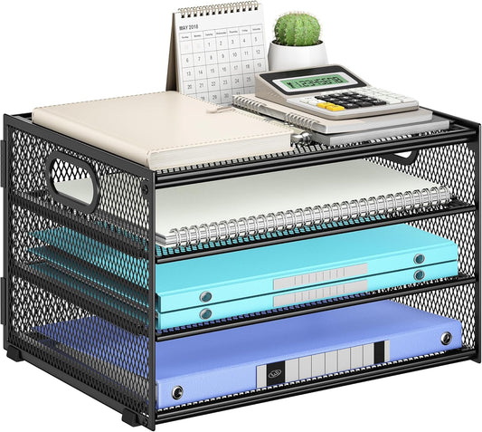 Subekyu Paper Letter Tray Organizer for Desk, Black Metal Mesh Desk File Sorter Organizer with Handle and 2 Sliding Trays for Home Office School Supplies Organization