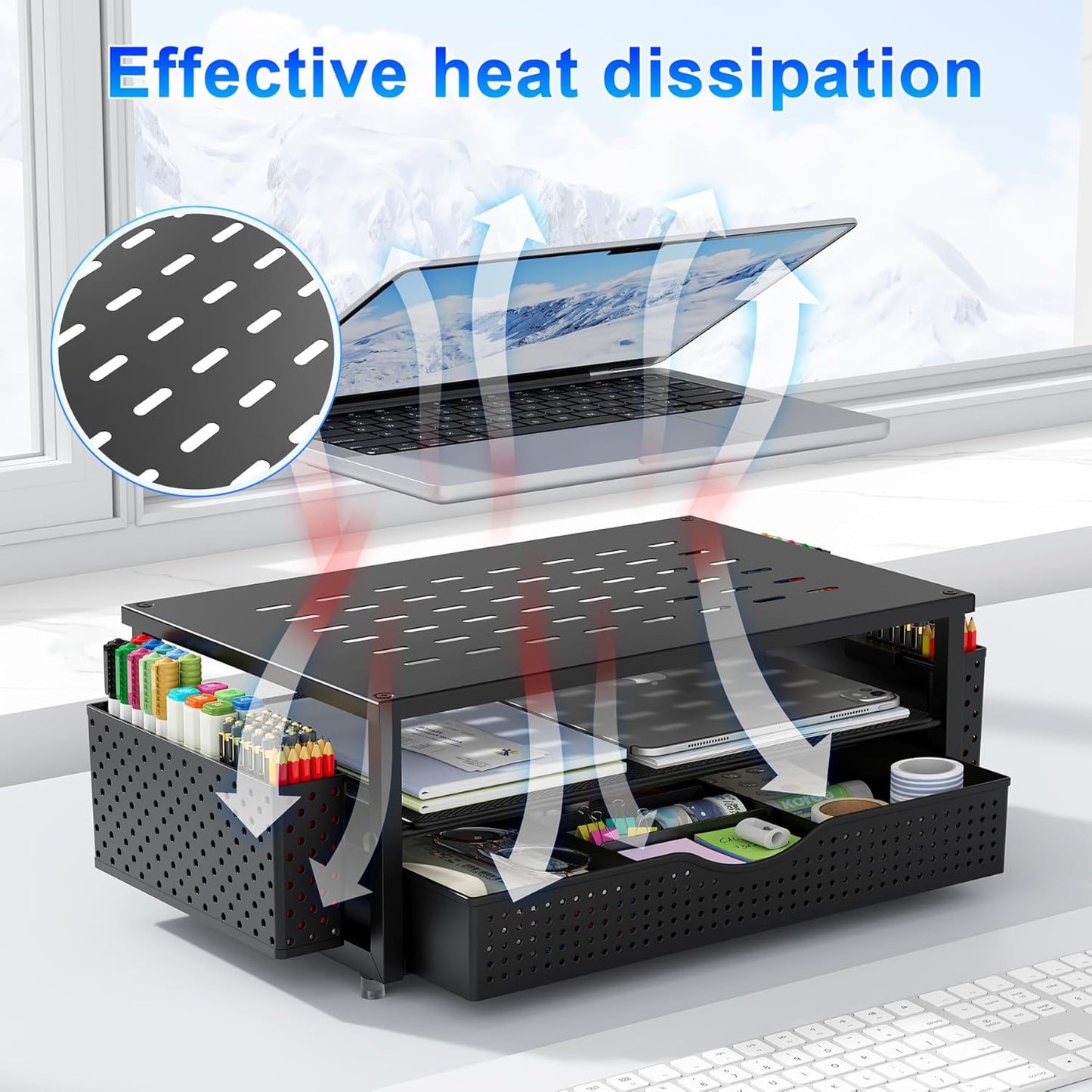 gianotter Desk Organizers and Accessories, Monitor Stand with Drawer and 2 Pen Holder, Desktop Organizer Suitable for Offices and Dormitories (Black)