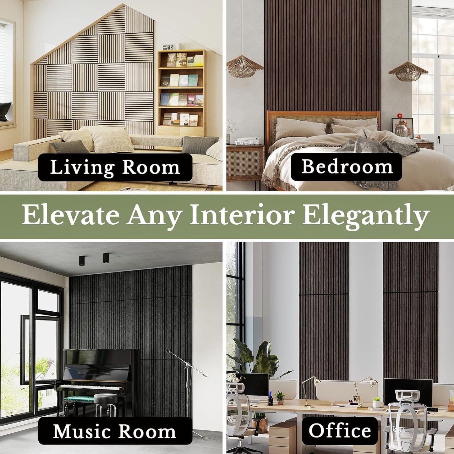 MISSDAY Wood Slat Acoustic Wall Panels, 4 Packs 47.2" x 23.6" Natual Black Soundproof Panel For Interior Wall Decor Noise Absorbing-3D Textured Wooden Panel Sound-Absorbing for Home, Office, Studio