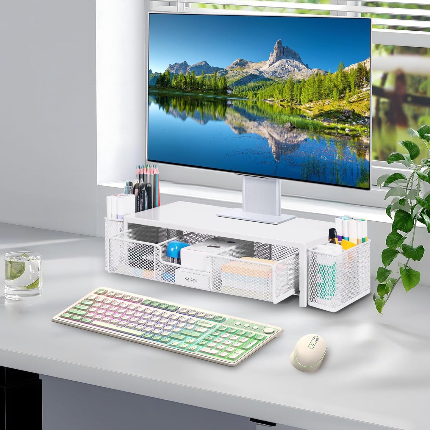 Computer Monitor Stand Riser with Drawer and Pen Holders, Desk Organizer Shelf and Accessories, Office Desk Accessories, Office Organization, White