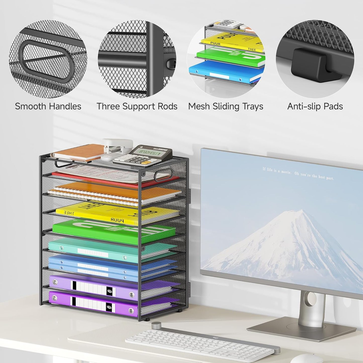 9 Tier Paper Organizer with Handle, Large Capacity Desk Organizer Mesh File Folder Letter Paper Tray Desktop Document Sorter for Classroom, School, and Office Accessories Organization - Grey